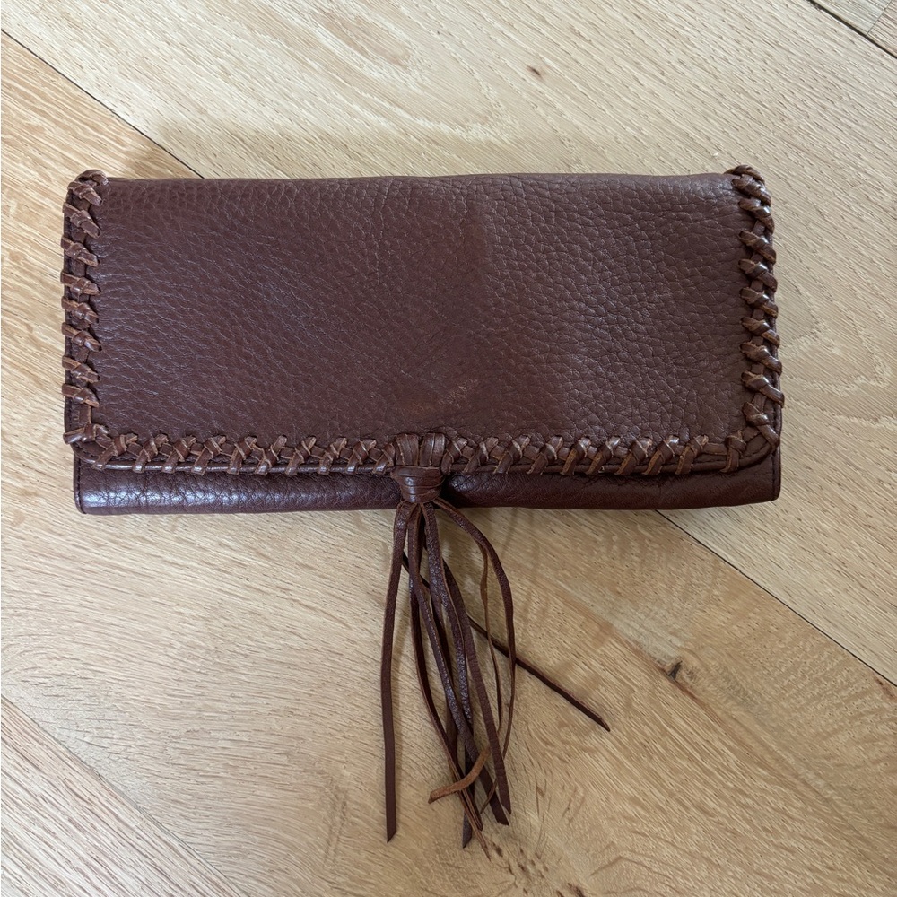 Banana Republic Leather Clutch Wallet Handbag Purse Tassel Boho Brown Button
